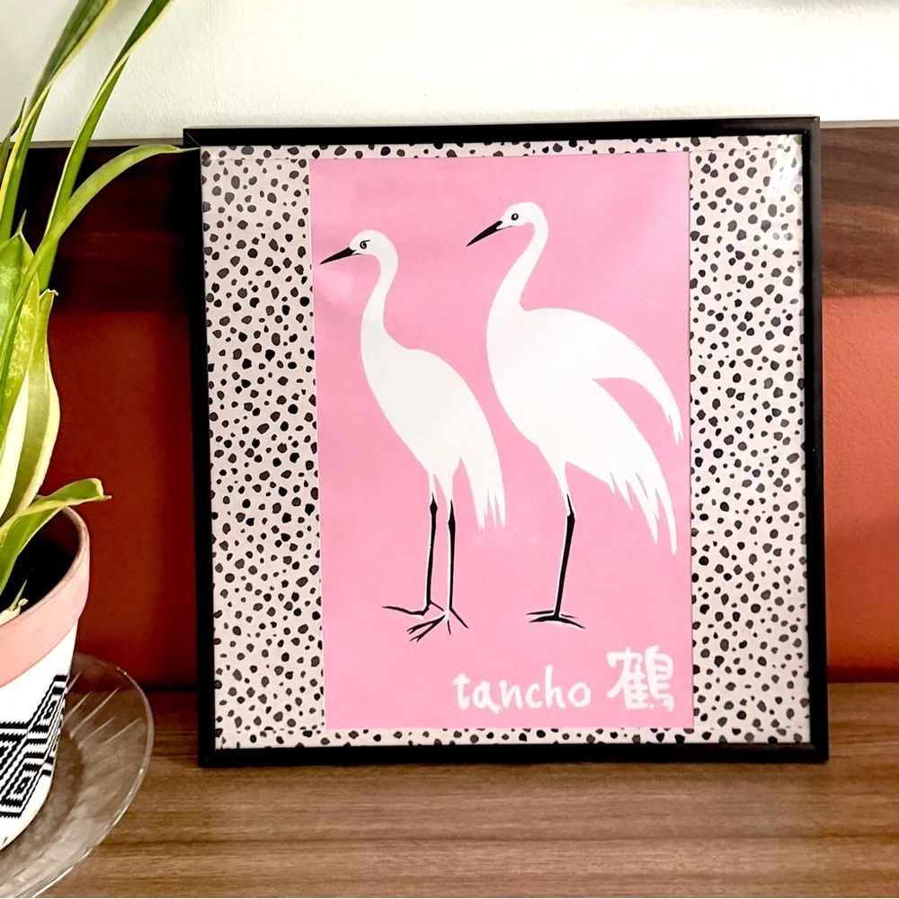 Japanese Crane Pink Tancho Canvas Art Print Dalmatian Print Framed Wall Hang Art